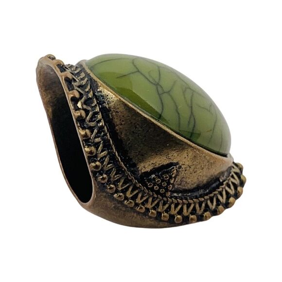 Green Glass Full Finger Brass Ring 6.5 Bohemian Ethnic Boho Chic - Picture 3 of 16